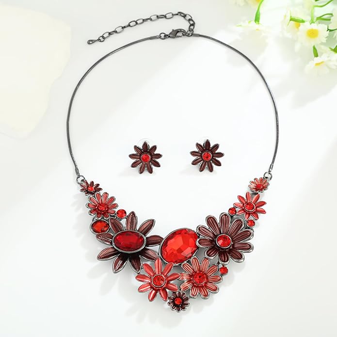 Chunky Statement Jewelry Set Vintage Retro Leaf Flower Floral Geometric Bohemian Boho Bib Necklace Earring Set Fashion Costume Jewelry for Women Girls Wedding Party Prom Unique Gift