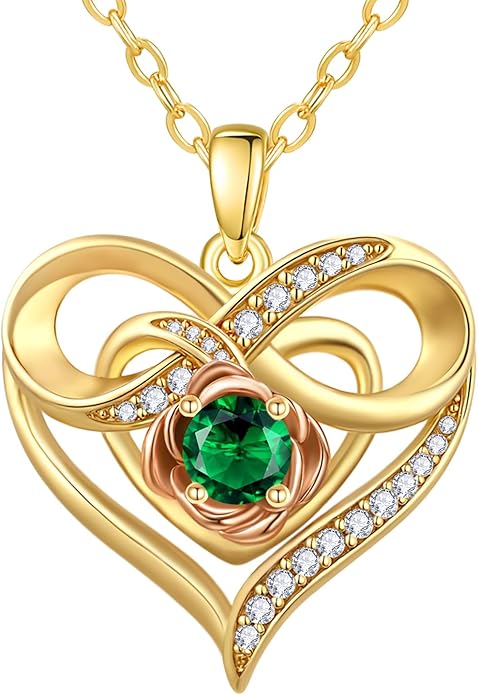 Infinite Heart Birthstone Necklaces for Women Gold Plated Pendant Wedding Anniversary Birthday Gift for Wife Her Mom Grandma Daughter Jewelry with Round Birthstone