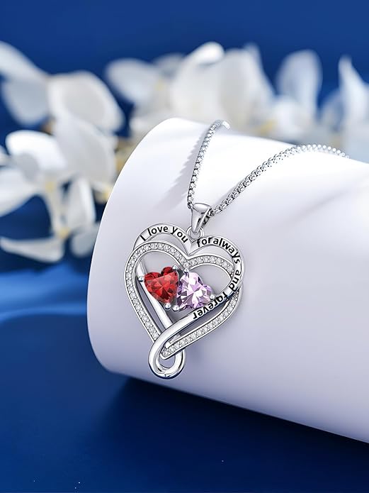 I Love You for Awlays and Forever Double Heart Necklace with Birthstone, 2 Birth Stone Jewelry Anniversary Valentines Mothers Day Christmas Birthday Gifts for Women Her Wife Girlfriend Mom Mother