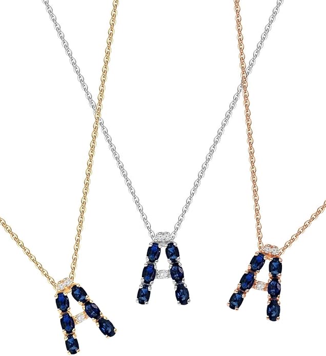 Albert Hern Blue Sapphire Initial Necklace With Diamonds & 18K Gold Chain | Irresistible Letter Pendants Jewelry | Perfect Valentine’s Day, Anniversary & Birthday Gift