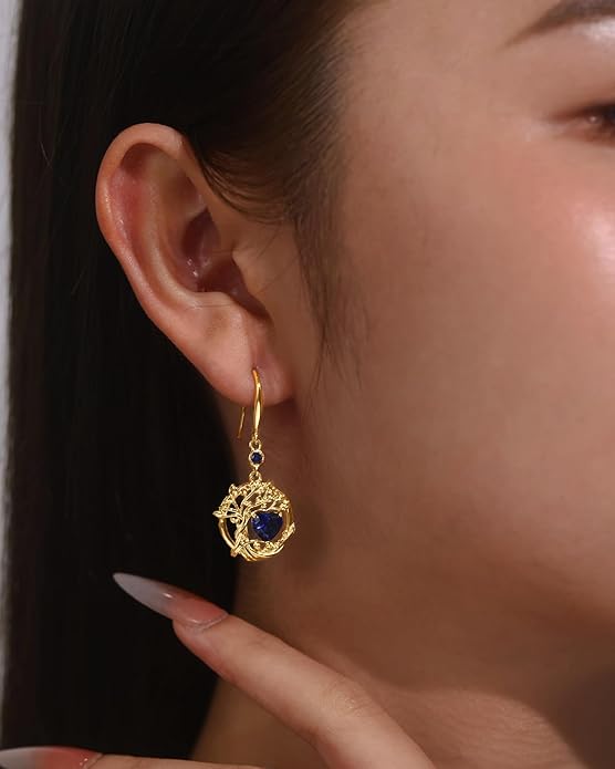 FANCIME Tree of Life Dangle Drop Earrings 925 Sterling Silver Dainty Round Gemstone Birthstone Earring Fine Jewelry Birthday Christmas Gifts for Her Women