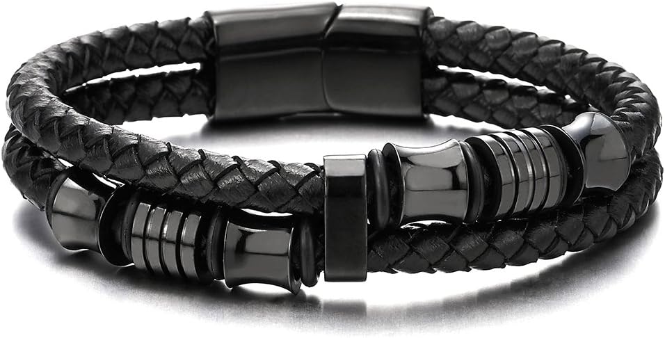 COOLSTEELANDBEYOND Mens Double-Row Braided Leather Bracelet Bangle Wristband with Stainless Steel Ornaments