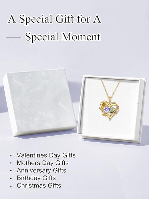 Sunflower Heart Necklace for Women 14K Gold Exquisite Anniversary Birthday Gifts for Wife Mother Her Double Birthstone Pendant jewelry‘You Are My Sunshine’