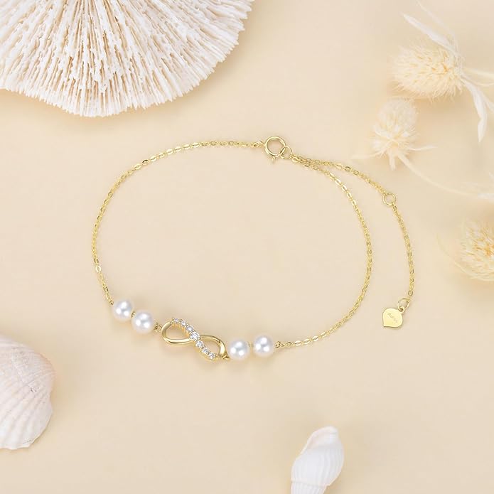 SISGEM 10k Gold Infinity Anklet for Women, Real Freshweter Cultured Pearl and Created Moissanite Love Jewelry Ankle Bracelet for Her, 9.4-11 Inches