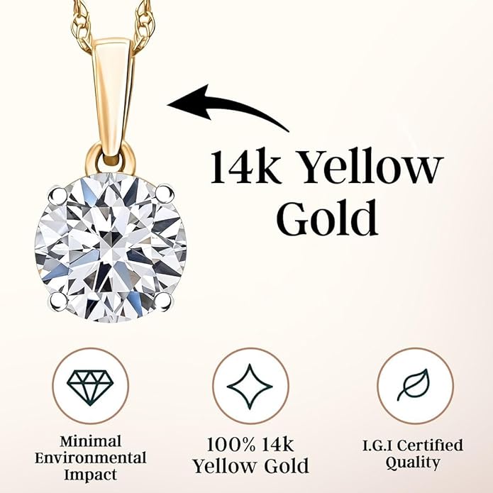 IGI Certified 0.5–4 Carat Lab Grown Diamond Solitaire Pendant Necklace (E-F Color VS Clarity) Solid 14K Gold / Platinum / Sterling Silver 20" Chain Anniversary Jewelry for Women Gifts