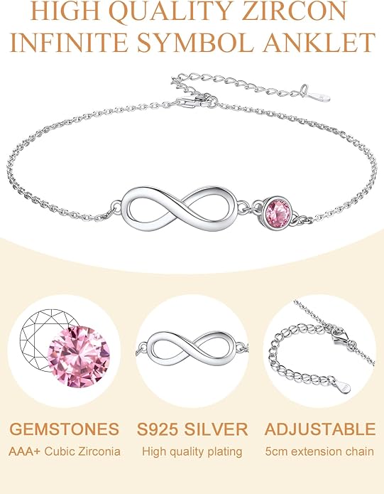 Custom4U Personalized Infinity Ankle Bracelets for Women 925 Sterling Silver Anklet Bracelet Endless Love Symbol Birthstone Charm Adjustable Foot Chain Jewelry Mothers Day Gifts for Mom Wife Women Her