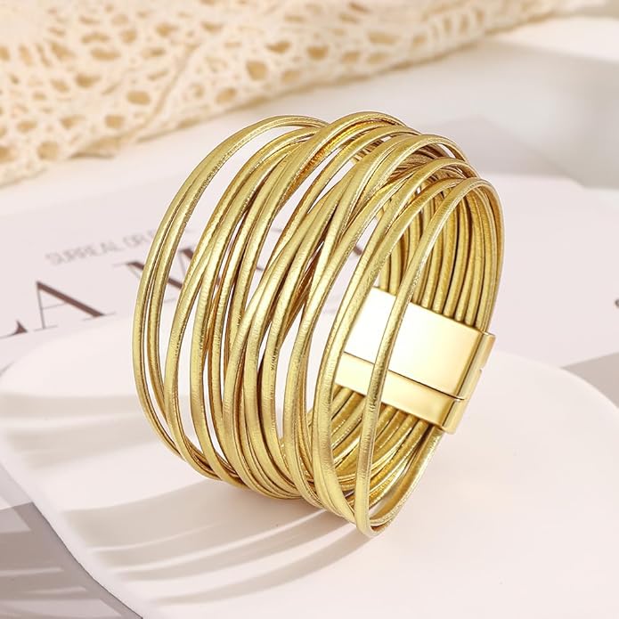 Edoneery Leather Wrap Bracelet for Women, Boho Handmade Multi-Layer Cuff with Crystal Beads Heart, Stackable Bangle Western Jewelry Gift