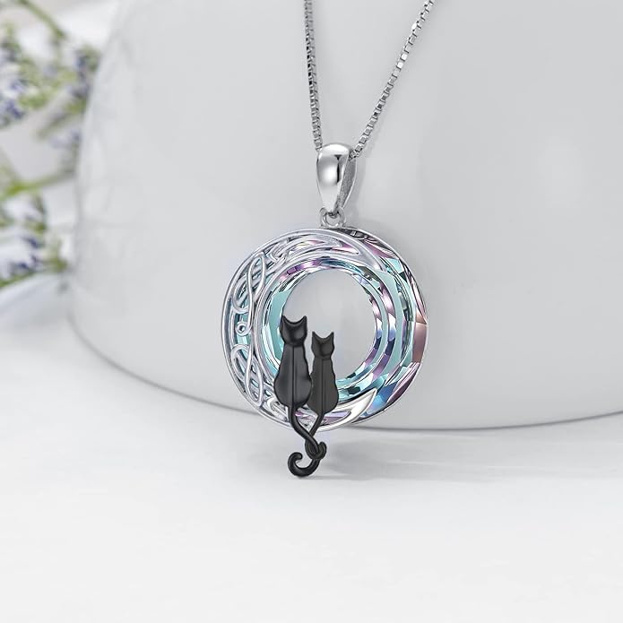 TOUPOP Christmas Cat Gifts for Cats Lovers One Two Three Four Cats Necklace Sterling Silver Cats on the Moon Pendant Necklace with Blue Circle Crystal Birthday Christmas Celtic Jewelry Gifts for Women