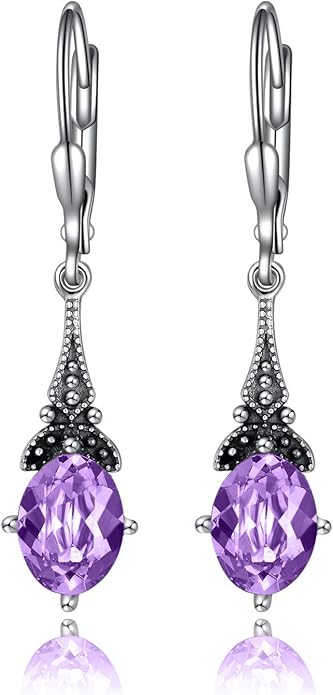 AOBOCO Vintage Earrings for Women Sterling Silver Retro Drop Dangle Leverback Earrings with 8x6mm Oval Genuine or Simulated Birthstone Crystal from Austria, Anniversary Jewelry Gifts for Her Women
