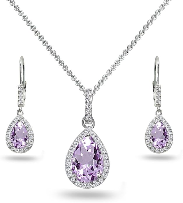 Jewelry Sets for Women, Necklace and Earring Sets for Women, Birthstone Jewelry, Genuine or Synthetic Gemstones, Teardrop Necklace and Dangle Earrings, Pendant Necklace, Sterling Silver Jewelry