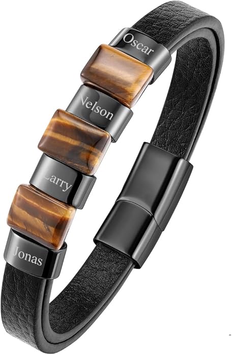 Leather Beads Bracelet Personalized Custom Bracelets for Men Leather Engraved Tiger Eye Initial Beacelet Gift for Husband Dad Mens Jewelry Gifts Valentines Christmas Birthday Fathers Day