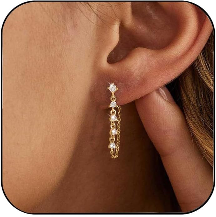 Gold Earrings for Women,Dainty 14k Gold Plated Pearl Drop Earring Dangle Pearl Dangling Earrings for Women Trendy Small Cute Wedding CZ Earring Long Chain Threader Prom Jewelry Gifts