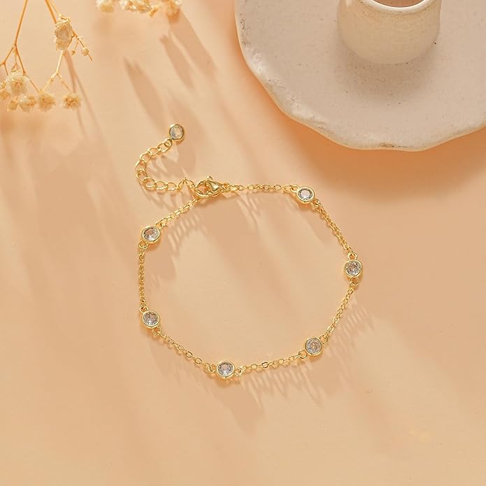 Gold Bracelets for Women,14K Dainty Gold Plated Bracelets Non Tarnish Waterproof Diamond Bracelets Heart Flower Round Square CZ Charm Bracelet Trendy Stuff Jewelry Gifts for Her