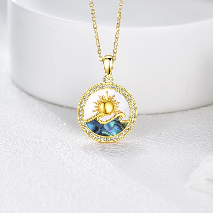 Mother Of Pearl Sunset Necklace 18K Gold Plated Over 925 Sterling Silver Sunset Abalone Shell Pendant Jewelry for Women