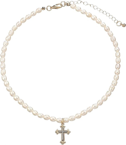 wgoud Natural Freshwater Pearl Choker Necklace for Women, Trendy 14K Gold Plated Pearl Necklaces Handmade Jewelry Gift