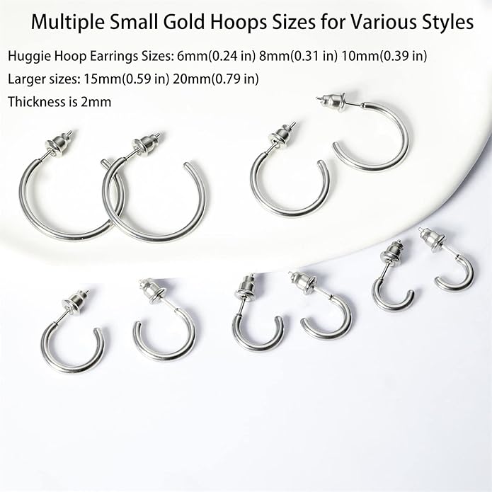Minimalist Hoops for Women - 14K Gold Open Huggie Hoop Earrings, Hypoallergenic Tiny Hoops in Gold and Silver (Set of 1-5 Pairs)