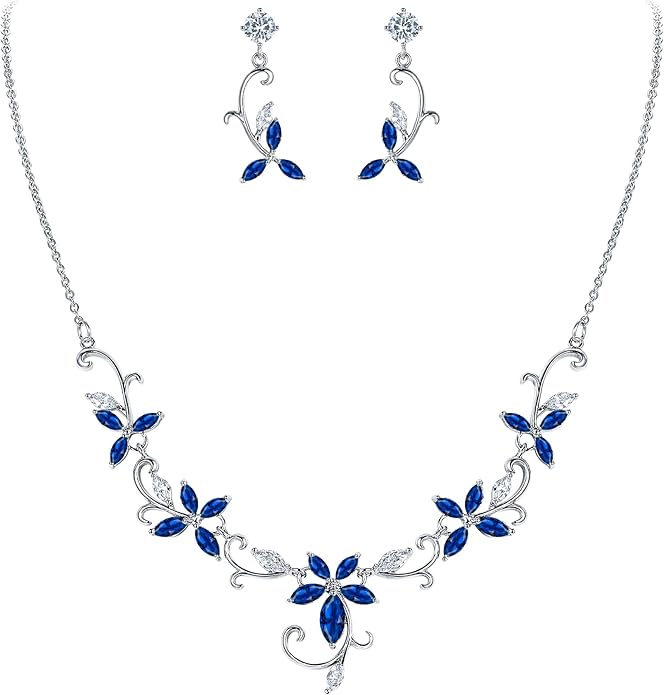 Crysdue Flower Leaf Wedding Jewelry Set for Bridal Bridemaid, Cubic Zirconia Teardrop Elegant Silver/14K/Rose Gold Plated Vine Necklace Dangle Earrings for Prom Party