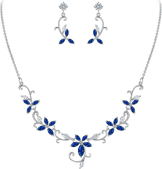 Crysdue Flower Leaf Wedding Jewelry Set for Bridal Bridemaid, Cubic Zirconia Teardrop Elegant Silver/14K/Rose Gold Plated Vine Necklace Dangle Earrings for Prom Party