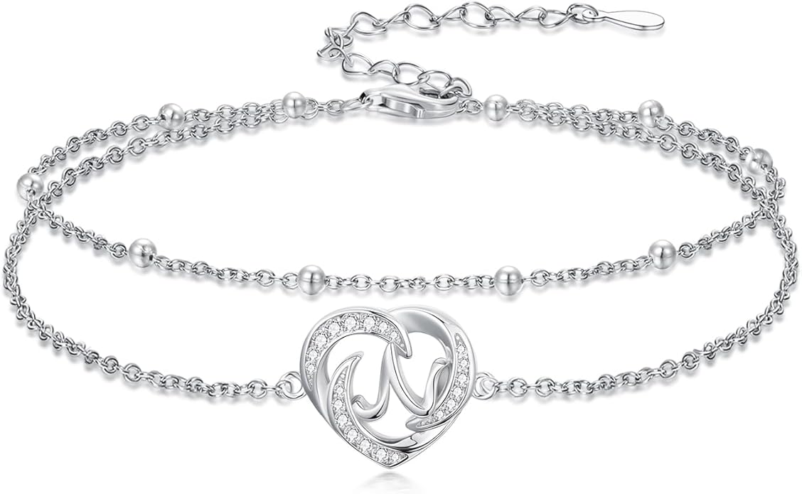 Dorunmo Initial Anklet 925 Sterling Silver Letter A-Z Layered Heart Anklet Beach Jewelry Birthday Gifts for Women