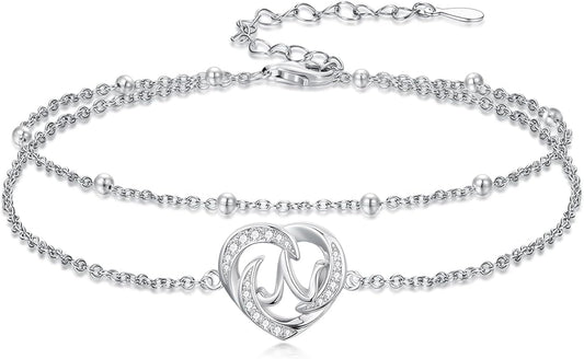 Dorunmo Initial Anklet 925 Sterling Silver Letter A-Z Layered Heart Anklet Beach Jewelry Birthday Gifts for Women
