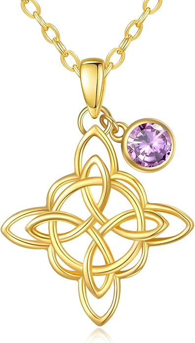 Witches Knot Necklace for Women, 14K Gold Celtic Knot Cross Jewelry with Triquetra Trinity with Birthstone Pendant, Birthday Witchy Spiritual Gifts for Her Wife Mom Grandma, 18+2 Inch Chain
