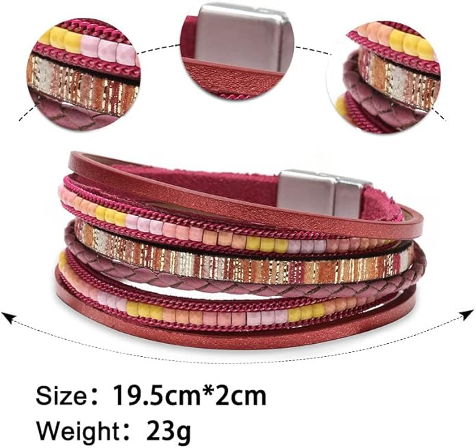 Fesciory Leather Wrap Bracelets for Women, Boho Leopard Multi-Layer Crystal Beads Cuff Bracelet Jewelry