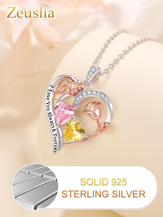 Zeuslia Double Birthstone Necklace Gifts for Wife - 925 Sterling Silver Sunflower/Rose/Crown Cross/Compass/Heart Pendant I Love You Necklace, Anniversary Birthday Gifts for Wife Girlfriend Mom Her