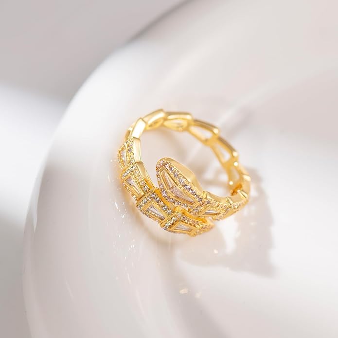 Aura & lrena Adjustable Snake Rings for Wome, 18K Gold or Platinum Plating Open-Ended Ring with AAA Cubic Zirconia Fashion Jewelry, Statement Gift Design Rings for Men and Women Non Tarnish