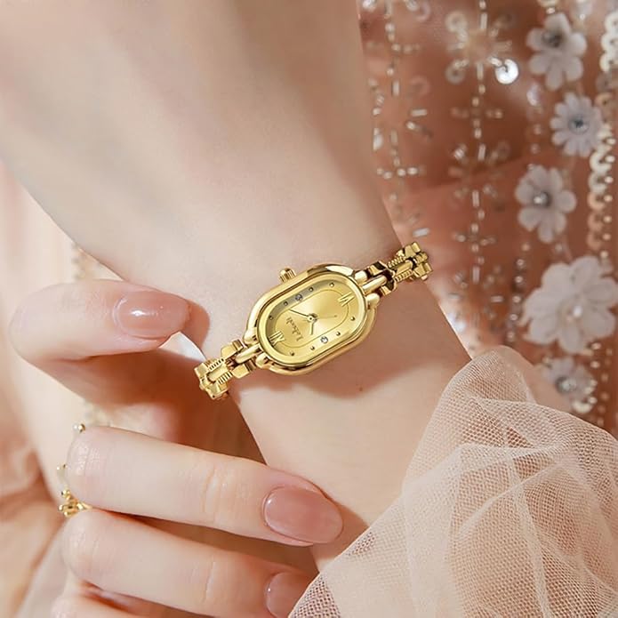 Women's Vintage Oval Watches Luxury Minimalism Bracelet Small Gold Tone Watch Ladies Analog Waterproof Watch Fashion Bangle Bracelet Dress Watch with Stainless Steel Band