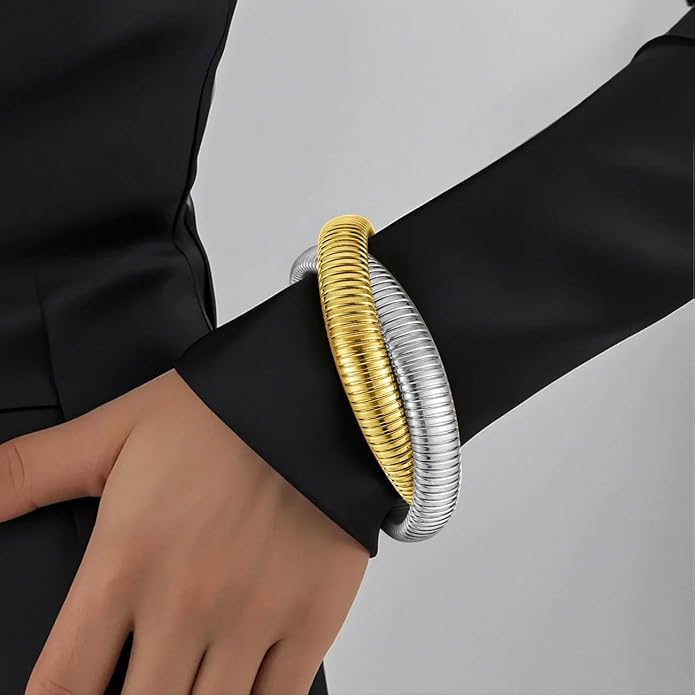 Emibele Gold Bangles Bracelet Set for Women, 18K Gold Plated Chunky Stainless Steel Non Tarnish Stretch Bracelet Stack, Flexible Wide Wristband Bangle Layered Snake Chain Bracelets