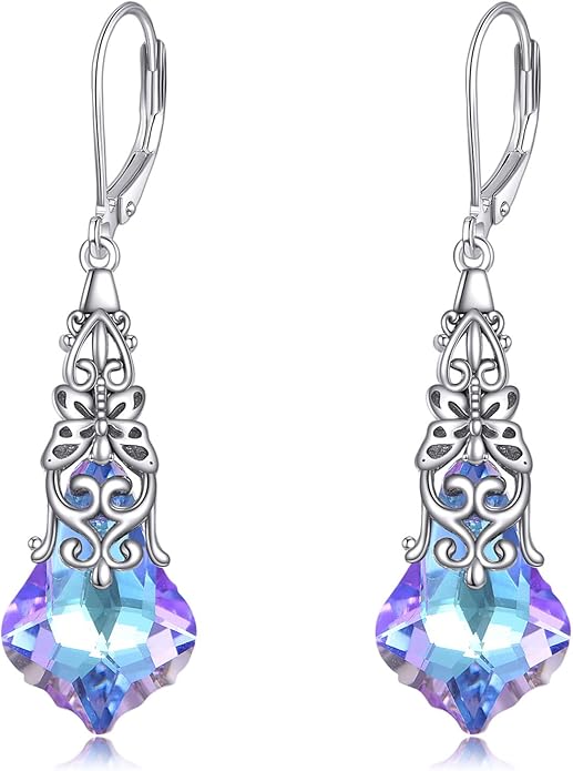 Austrian Crystal Dangle Drop Leverback Earrings for Women 925 Sterling Silver Vintage Oxidized Butterfly Filigree Hypoallergenic Jewelry