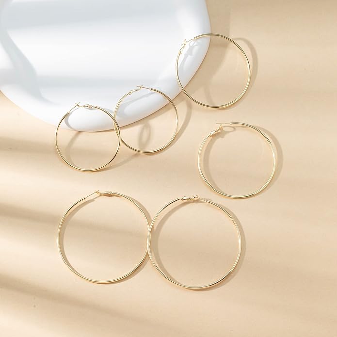 Big Gold Hoop Earrings for Women Hypoallergenic 925 Sterling Silver Post Thin Loop 14K Gold Plated Hoop Earrings Set for Women, 3 Pairs