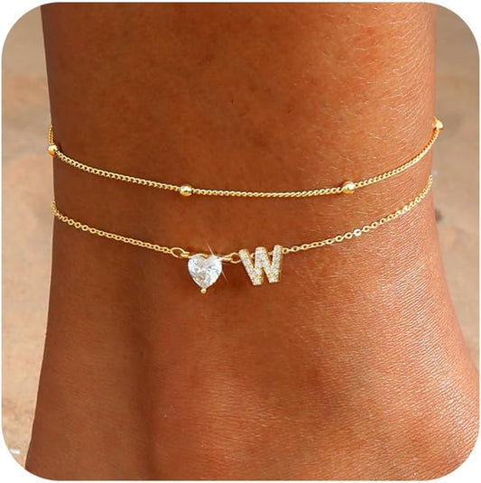 CAROVO Gold Ankle Bracelets for Women Waterproof 14K Real Gold Plated CZ Initial Anklet for Women Dainty Layered Letter A-Z Heart Ankle Bracelets Handmade Adjustable Anklet Summer Beach Jewelry
