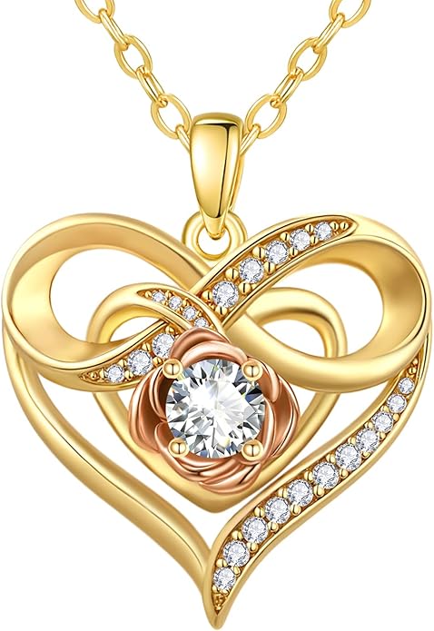 Infinite Heart Birthstone Necklaces for Women Gold Plated Pendant Wedding Anniversary Birthday Gift for Wife Her Mom Grandma Daughter Jewelry with Round Birthstone