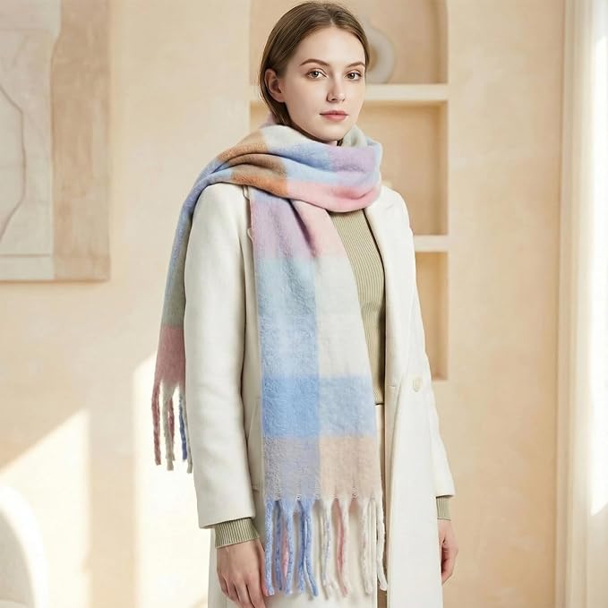 SHOHOKU Large Chunky Plaid Scarf Coloured Checked Oversized Scarf Tassel Soft Fall Winter Thick Warm Shawl Women
