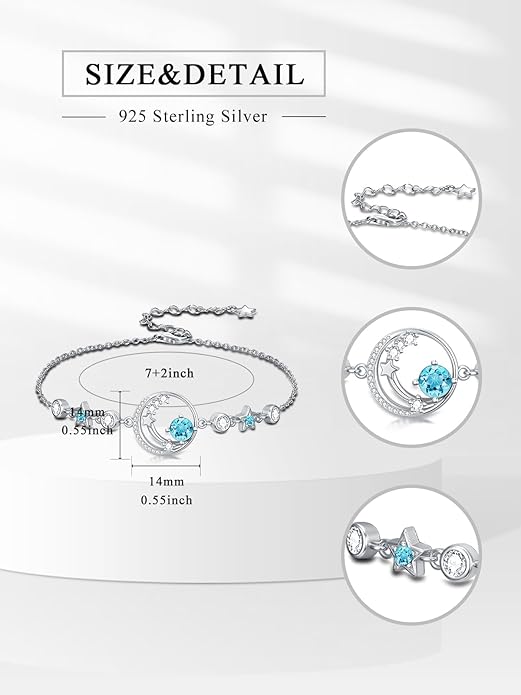 Moon and Star Birthstone Charm Link Bracelet 925 Sterling Silver Moon and Star Bracelet with 12 Months Birthstone Birthday Jewelry Gifts for Women Mom Her,Chain Length 7"+2" Extend