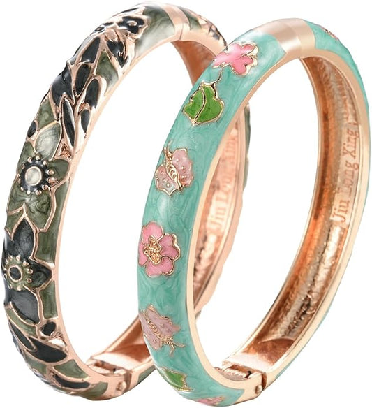 UJOY Cloisonne Bracelet Butterfly Hinge Indian Cuff Bangle Enameled Jewelry Flower Bracelets for Women Gift Box 55A114