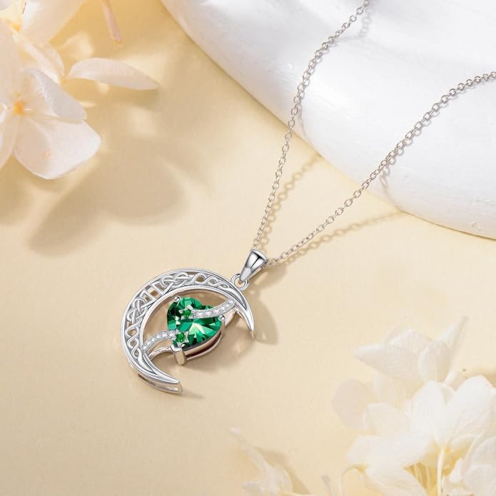 TOUPOP Moon and Star Birthstone Necklace for Women 925 Sterling Silver Celtic Moon Jewelry Birthday Christmas Gifts for Her Girlfriend