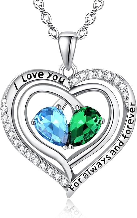 Zeuslia Double Birthstone Necklace Gifts for Wife - 925 Sterling Silver Sunflower/Rose/Crown Cross/Compass/Heart Pendant I Love You Necklace, Anniversary Birthday Gifts for Wife Girlfriend Mom Her
