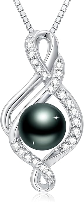 KANNSOAR Tahitian Black Pearl 18K White Gold Plated Sterling Silver Heart/Infinity/Four Leaf Clover Pendant Necklace Jewelry Gifts for Women Wife Mom Girlfriend Wedding Birthday Anniversary Christmas
