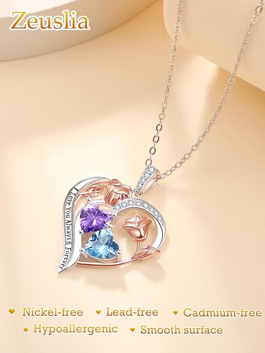 Zeuslia Double Birthstone Necklace Gifts for Wife - 925 Sterling Silver Sunflower/Rose/Crown Cross/Compass/Heart Pendant I Love You Necklace, Anniversary Birthday Gifts for Wife Girlfriend Mom Her