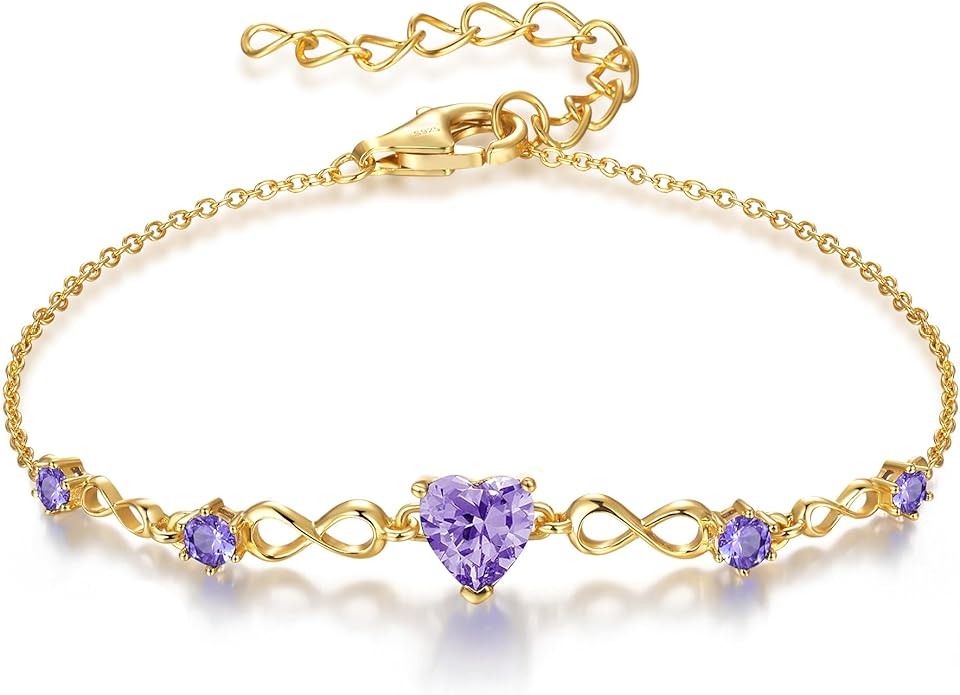 G&GEMSJEW Infinity Heart Birthstone Bracelets for Women, 925 Sterling Silver Women Charm Link Bracelet Adjustable, Birthday Anniversary Christmas Jewelry Gifts for Women Wife Mom Girlfriend Her