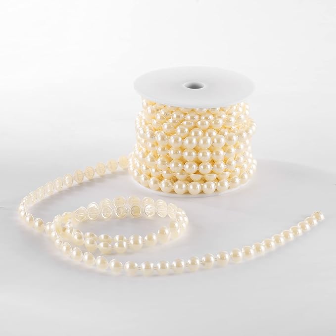Half-Round Flat Pearl Bead Garland String 10MM 11 Yards, Pearl Beaded Spool Roll Crafts for Wedding Party Decoration (Ivory)