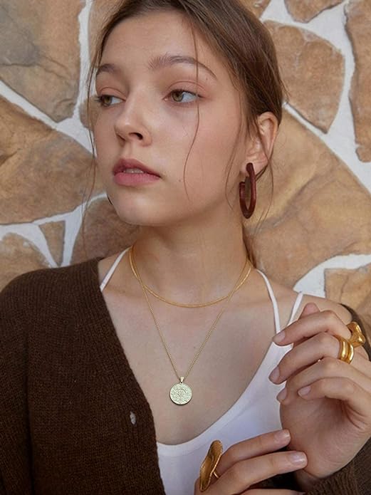 CANEVINKA 18K Gold Plate Coin Pendant Necklace for Women Dainty Compass Sunflower Necklaces Personalized Chain Layered Jewelry