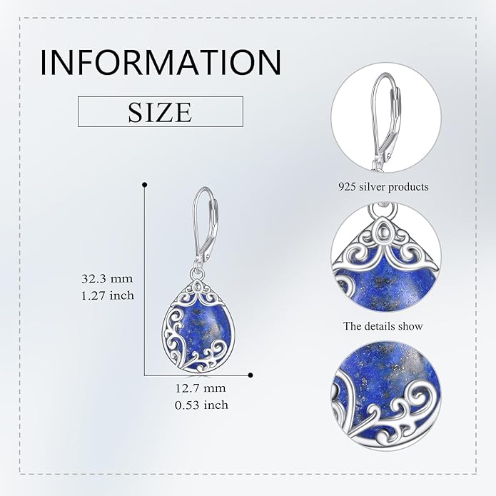 Filigree Earrings Sterling Silver Teardrop Moonstone Moss Agate Lapis Lazuli Larimar Emerald Peridot Opal Dangle Dangly Drop Leverback Earrings Boho Jewelry Gifts for Women