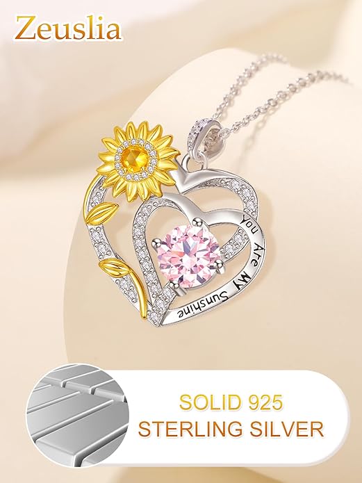 Zeuslia Double Birthstone Necklace Gifts for Wife - 925 Sterling Silver Sunflower/Rose/Crown Cross/Compass/Heart Pendant I Love You Necklace, Anniversary Birthday Gifts for Wife Girlfriend Mom Her