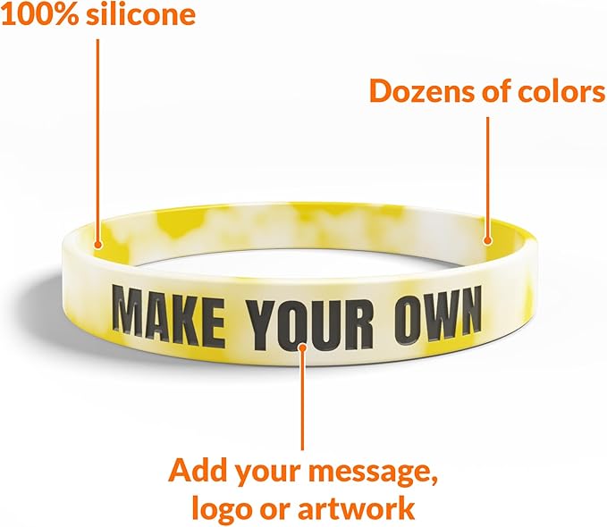 Custom Wristbands For Events, Fundraisers & Promotions | Add Text, Icons, & Logos | Bulk Rubber Bracelets | Classic 1/2” | 100% Silicone