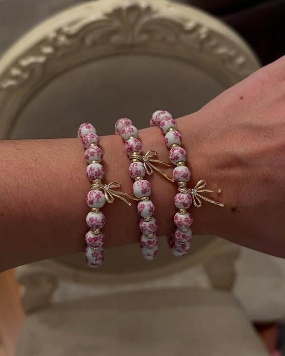 Beads Bow Charm Bracelet for Women Flower Vintage Bracelet Handmade Stretch Beaded Dainty Romantic Jewelry Gifts
