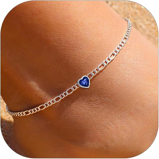ChicSilver Sterling Silver Anklets Bracelets for Women, Figaro Chain Heart/Round Birthstone Anklet for Women Waterproof, Dainty Herringbone Ankle Bracelet Summer Beach jewelry