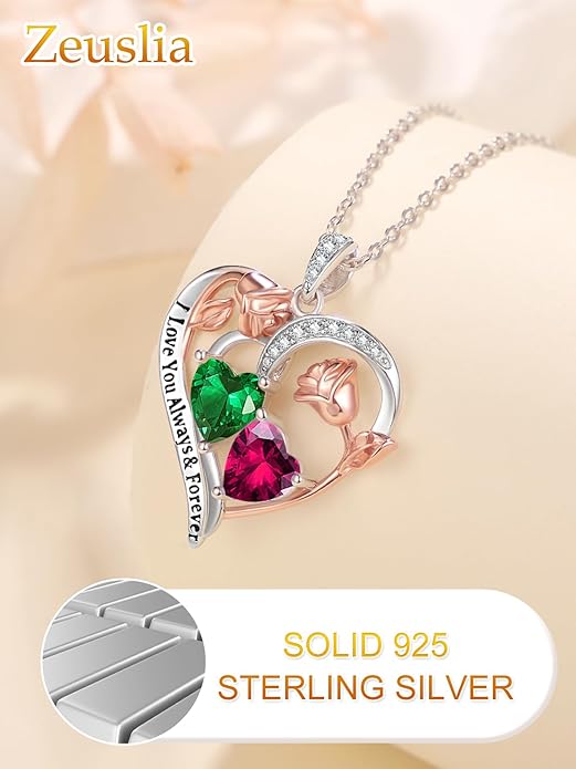 Zeuslia Double Birthstone Necklace Gifts for Wife - 925 Sterling Silver Sunflower/Rose/Crown Cross/Compass/Heart Pendant I Love You Necklace, Anniversary Birthday Gifts for Wife Girlfriend Mom Her